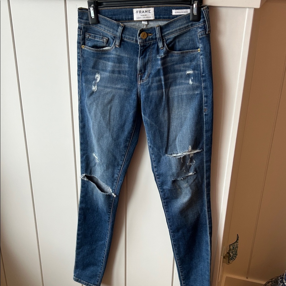 Frame Denim Women's Dark Blue Ripped Skinny Jeans (Le Skinny de Jeanne) 26